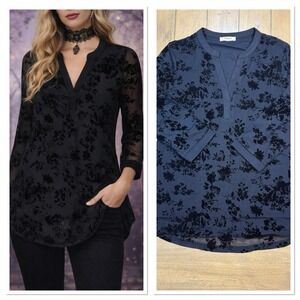 Timeson Black Velvet Burnout Mesh Womens S Whimsigoth Blouse Top Grunge Goth